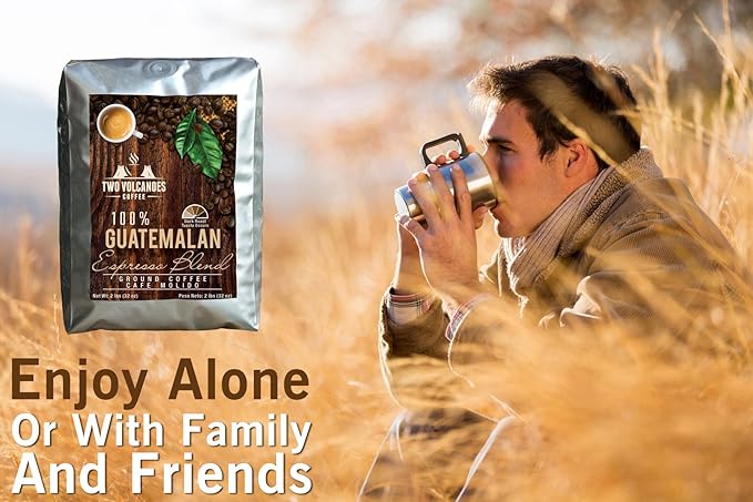 Two Volcanoes Ground Coffee - Dark Roast Espresso Blend - 2 lb bag - Guatemala Delicious Gourmet Coffee. Great for French Press. Get The Kick Enjoy The Smoothness!