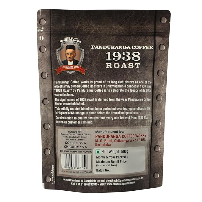 Panduranga Coffee 1938 Roast - Premium South Indian Filter Coffee Celebrating 80+ Years of Legacy Authentic Chikmagalur Blend Artfully Roasted for Rich Aroma &amp Flavor 500g (Pack of 2)
