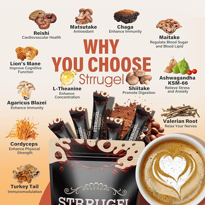 Organic Mushroom Coffee with Lion’s Mane &amp Reishi - 9 Functional Mushrooms + Ashwagandha for Focus Energy &amp Stress Relief - Low Caffeine Instant Coffee Sticks 32 Servings