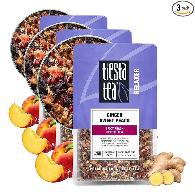 Tiesta Tea - Ginger Sweet Peach Loose Leaf Spicy Peach Herbal Tea Non-Caffeinated Hot &amp Iced Tea 2.2 oz Pouch - 25 Cups Natural Flavored Stress Relief Herbal Tea Loose Leaf Blend (Pack of 3