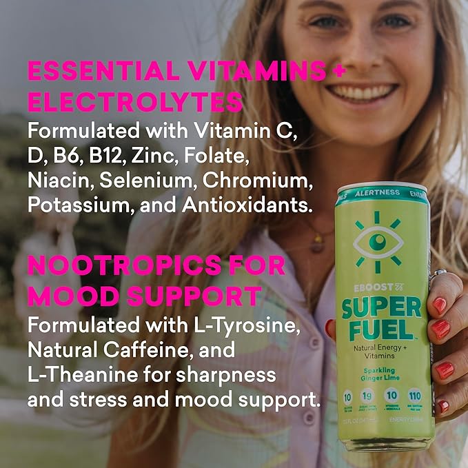 EBOOST SUPER FUEL Healthy Energy Drink - Blue Raspberry: 12 Healthy Energy Drinks - Focus &amp Productivity - 110 mg Caffeine + Nootropics &amp Electrolytes - No Sucralose Taurine Artificial Flav