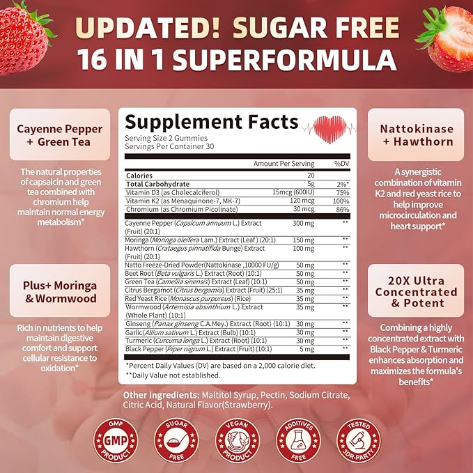Lukaree 16 in 1 Cayenne Pepper Gummies- Sugar-Free 20x Capsaicin Supplements Complex w/Moringa Hawthorn Beet Root - Plus Wormwood Citrus Bergamot Support Circulation* &amp Overall Wellness* - 60 C