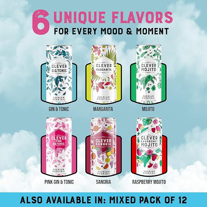 CLEVER - Pink G &amp Tonic Nonalcoholic Mocktails for Any Occasion Refreshing Beverages Inspired by Gin &amp Tonic Low-Calorie Mocktails Non-alcoholic Drinks with 80 Calories Pack of 12 (12 oz E