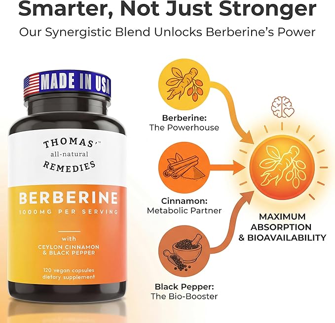 Thomas' all-natural Remedies Berberine 1000mg Metabolic Support - 120 Vegan Capsules w/Organic Ceylon Cinnamon &amp Black Pepper | Supports Healthy Heart and Gut Health &amp Overall Wellness