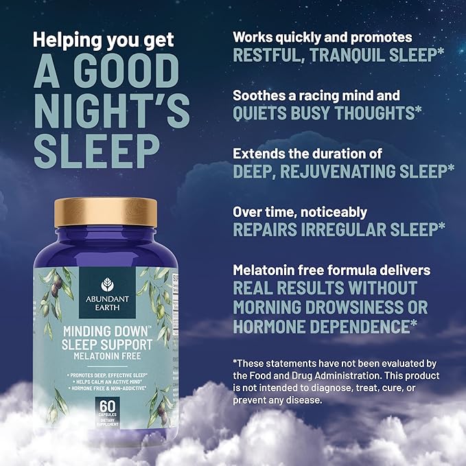 Abundant Earth Natural Sleep Aid for Adults Minding Down Sleep Support Supplement Max Strength Deep Sleep Supplement Without Melatonin to Calm &amp Restore The Sleeping Cycle + Magnesium GABA 60ct