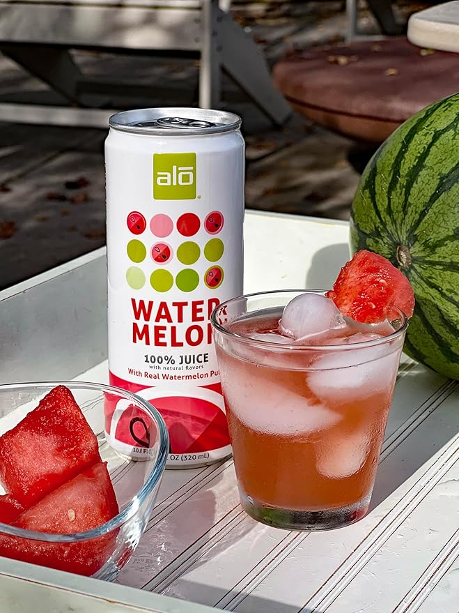 ALO Slim Can Juice Watermelon with Real Fruit Pulp| 10.82 fl oz Pack of 12 | Plant-Based Beverage 100% Natural Juice