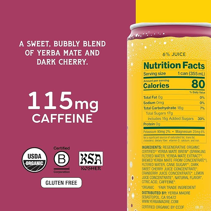 Yerba Madre Organic Sparkling Yerba Mate Cherry Berry 115mg Natural Plant Based Caffeine Smooth Energy &amp Focus Carbonated 12oz Cans (Pack of 12)