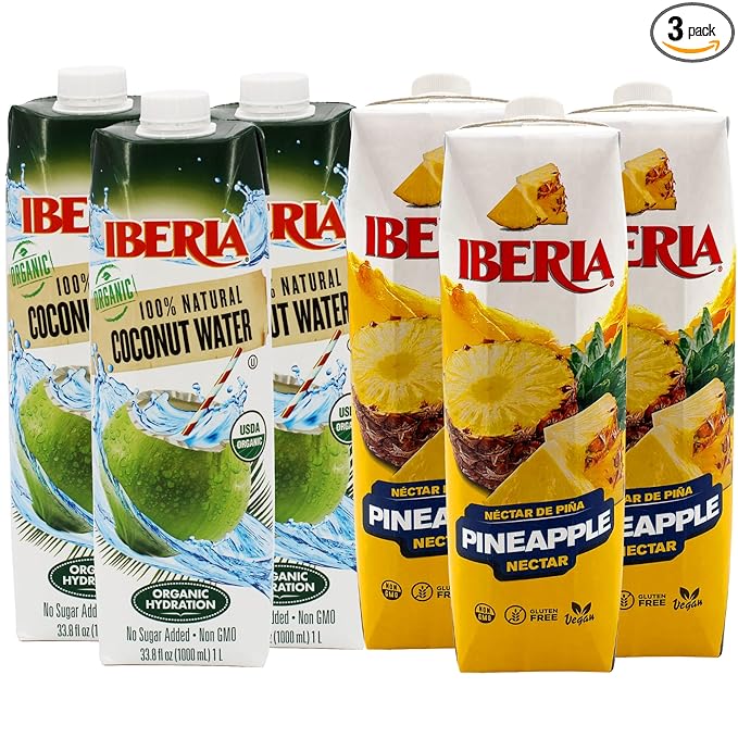 Iberia 100% Pure Organic Coconut Water 1 Liter 33.8 Fl Oz (Pack of 3) + Iberia Pineapple Nectar 33.8 Fl Oz (Pack of 3)