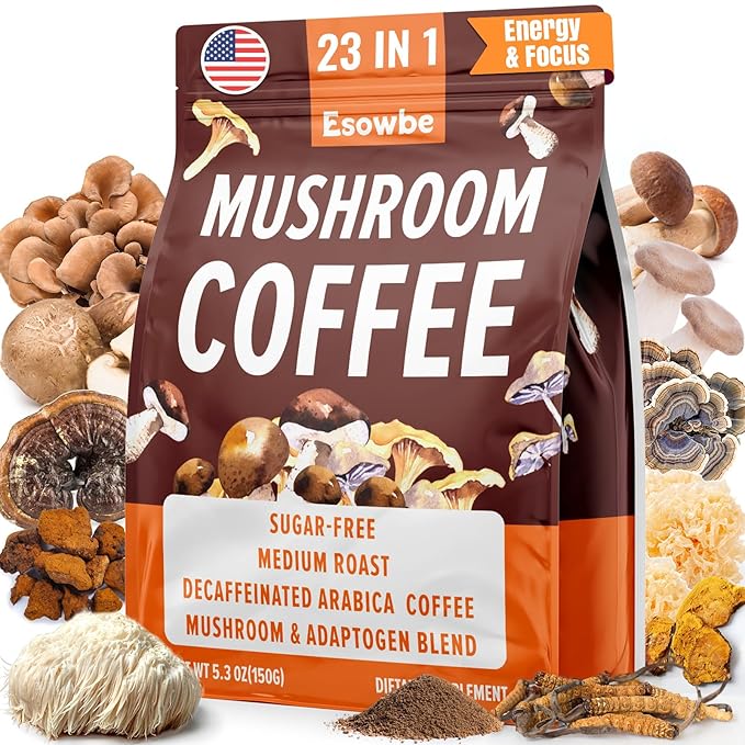 Mushroom Coffee 23 IN 1 Instant Mushroom Coffee - Zero Sugar with 100% Fruiting Lion's Mane Chaga Cordyceps Reishi Ashwagandha Decaf Arabica for Focus Energy Gut Digestion Immunity 5.3 oz