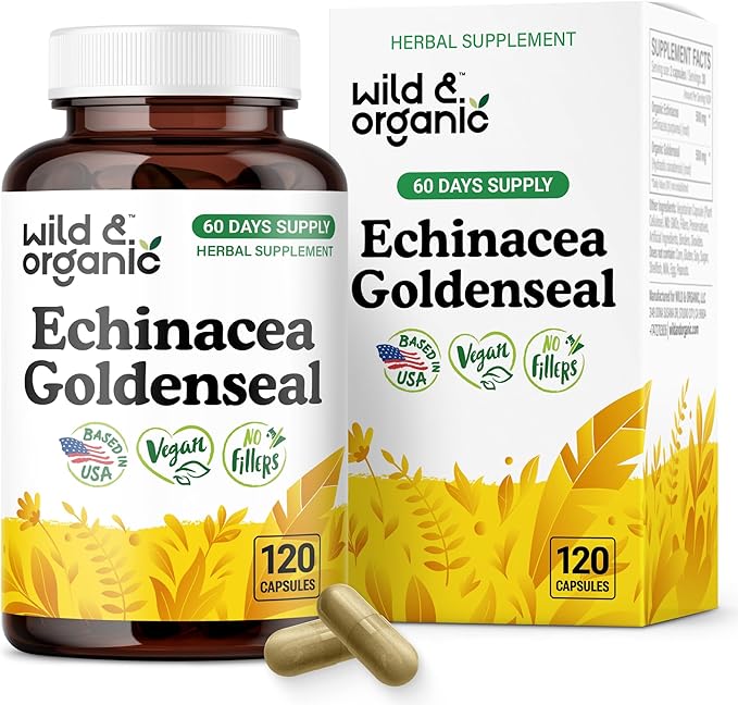 Wild &amp Organic Echinacea Goldenseal Capsules - Immune &amp Lung Support - Echinacea Complex Supplement - Hydrastis Canadensis &amp Purpurea - Vegan No Fillers Non-GMO - 120 Count