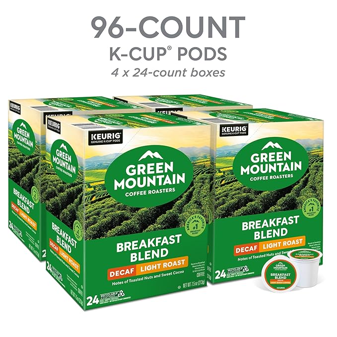 Green Mountain Coffee Roasters Breakfast Blend Decaf Coffee Keurig Single Serve K-Cup pods Light Roast 96 Count