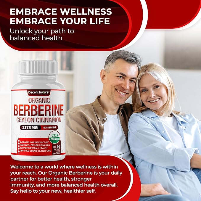 Organic Berberine with Ceylon Cinnamon 2175mg - Premium berberine supplement high purity extract USDA Organic support immune system Berberine Plus Complex Non-GMO Vegan for Men Women 90 Capsules