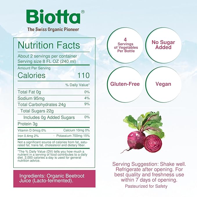 Biotta Organic Beet Juice - 100% Natural Beetroot Superfood - Helps Support Blood Pressure Brain Stamina &amp Energy - Natural Nitric Oxide &amp Potassium Booster - Gluten Free (32 Fl Oz Pk of 4)