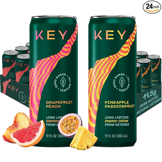 KEY 24-Pack Combo Bundle - Grapefruit Peach 12pk &amp Pineapple Passionfruit 12pk - Sugar Free All Natural Long Lasting Energy Optimal Green Tea Caffeine &amp L-Theanine for Mental Focus