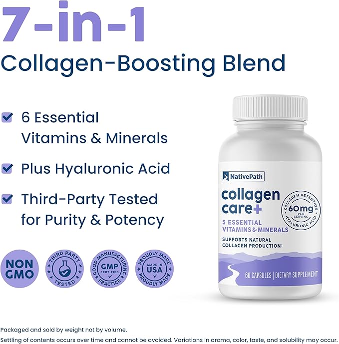 NativePath Collagen Care+ 5 Vitamin Blend with Hyaluronic Acid and Boron That Supports Collagen for Men and Women 60 Capsules (Pack of 2)