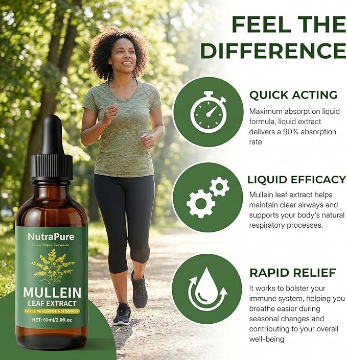 Nutrapure Mullein Extract Drops for Lung Organic Mullein Leaf Supplement Support Lung Cleanse &amp Detox Health &amp Respiratory Comfort &amp Boosts Immune - 2.0fl.oz (1)
