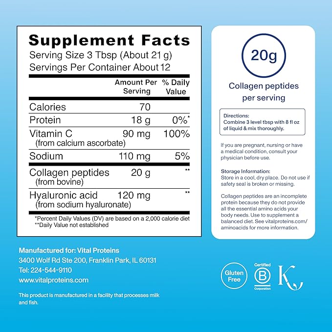 Vital Proteins Collagen Peptides Powder Advanced with Hyaluronic Acid &amp Vitamin C Collagen Supplements Unflavored 12 Servings