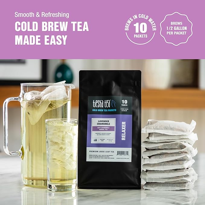 Tiesta Tea - Lavender Chamomile Cold Brew Loose Leaf Soft Chamomile Herbal Tea Non-Caffeinated Iced Blend Cold Brew Packets Makes 64oz of Pitcher Per Bag (Pack of 10)