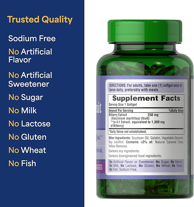 Puritan's Pride Premium Bilberry Fruit Extract 250 mg (1000mg Equivalent) 4:1 Concentrated Herbal Supplement Vitamin C 3 to 6 Month Supply 180 Rapid Release Softgels(Packaging May Vary)