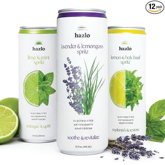 Hazlo Zero Proof Spritz Cocktail Mixer Craft Mocktails with Adaptogens Nootropics - Functional Seltzer Calming Non Alcoholic Drinks Alcohol Alternatives for Mood Variety Pack 12 Count