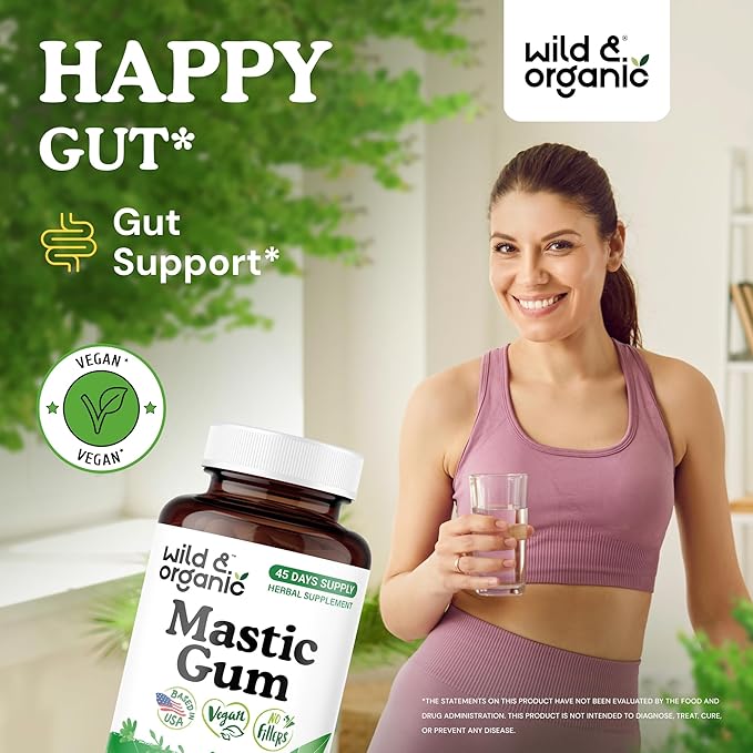Wild &amp Organic Mastic Gum Capsules - 1000 mg Mastic Gum Supplement for Gut Support - 45 Days of Supply - 90 Vegan Resin Capsules - No Fillers Non-GMO Gluten-Free