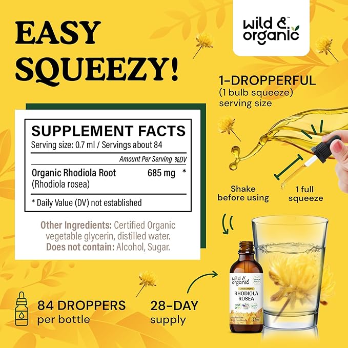 Wild &amp Organic Rhodiola Rosea Tincture - Mood Support - Relaxing Rhodiola Supplement - Root Extract Liquid Drops - Vegan Sugar &amp Alcohol-Free - 2 fl oz