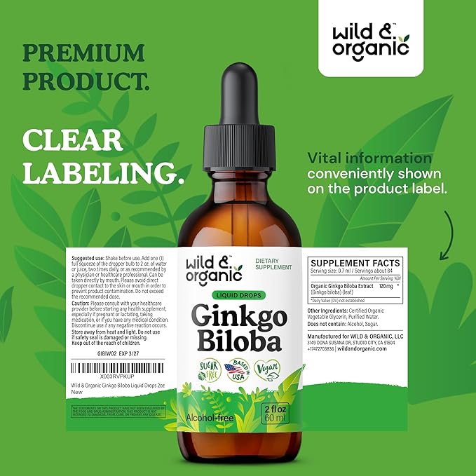 Wild &amp Organic Ginkgo Biloba Tincture - Brain &amp Focus Support with Ginkgo Leaf Supplement - Vegan Sugar &amp Alcohol-Free Herbal Extract Tincture - 2 fl oz