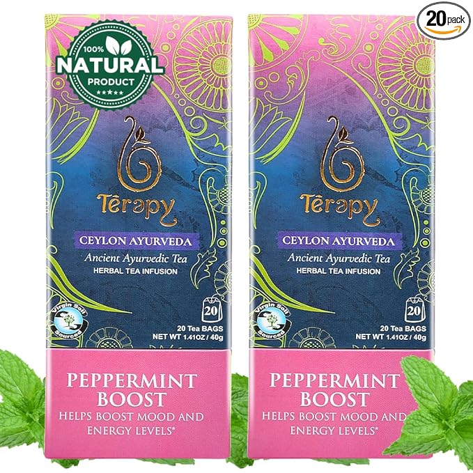 TERAPY Ceylon Peppermint Tea - Boosts Well-being &amp Energy Levels 100% Pure Peppermint Tea Bags Low Caffeine Refreshing Herbal Flavor 20 Individually Wrapped Unbleached Bags for Freshness (2 Pa