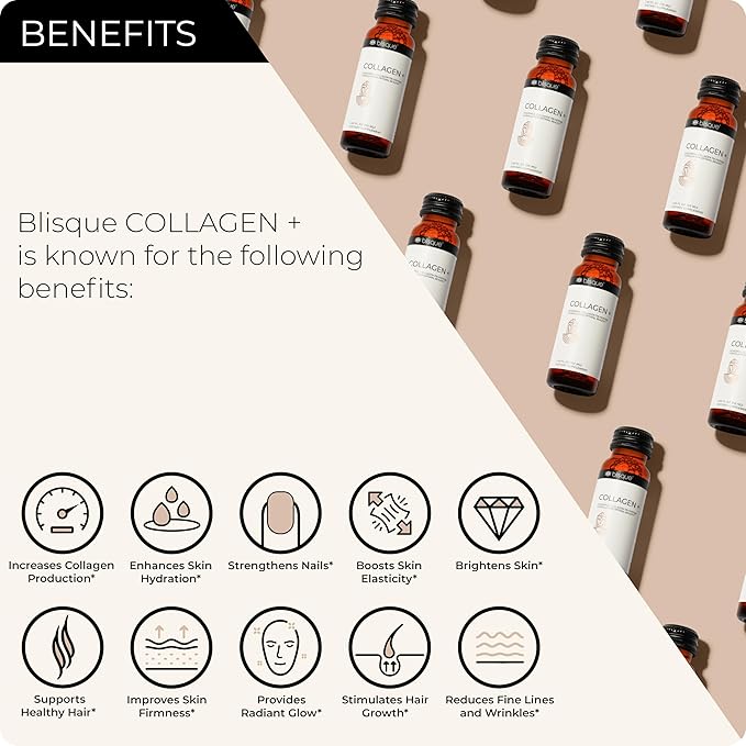 Blisque - Liquid Collagen Tri-Peptide Complex | with Biotin and Hyaluronic Acid | for Hair Skin and Nails | 10 Bottles | 10-Day Supply