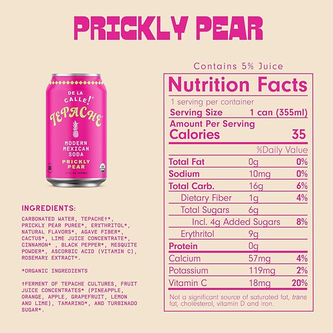 De La Calle Tepache - Cactus Prickly Pear - Modern Mexican Soda - Craft Fermented Pineapple Sparkling Beverage - Certified Organic Antioxidant Rich Non-Alcoholic Healthy Soda Low Sugar Low Calori