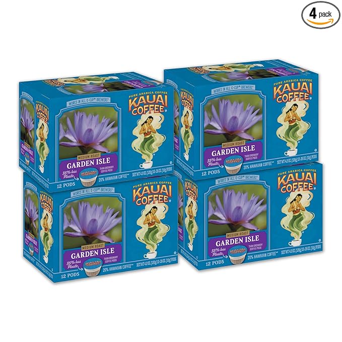 Kauai Coffee Pods Compatible with K-Cup Pods for Keurig Brewers – 20% Hawaiian Arabica – Medium Roast Rich Smooth No Bitterness – Garden Isle 4 Packs of 12 Single Serve Cups