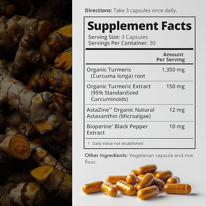 Organic Astaxanthin 12mg Plus Turmeric 1500mg Black Pepper Extract High Absorption Eye Heart Skin Joint Vegan Gluten-Free Non-GMO Double Antioxidant Turmeric Curcumin Supplement 30-Days