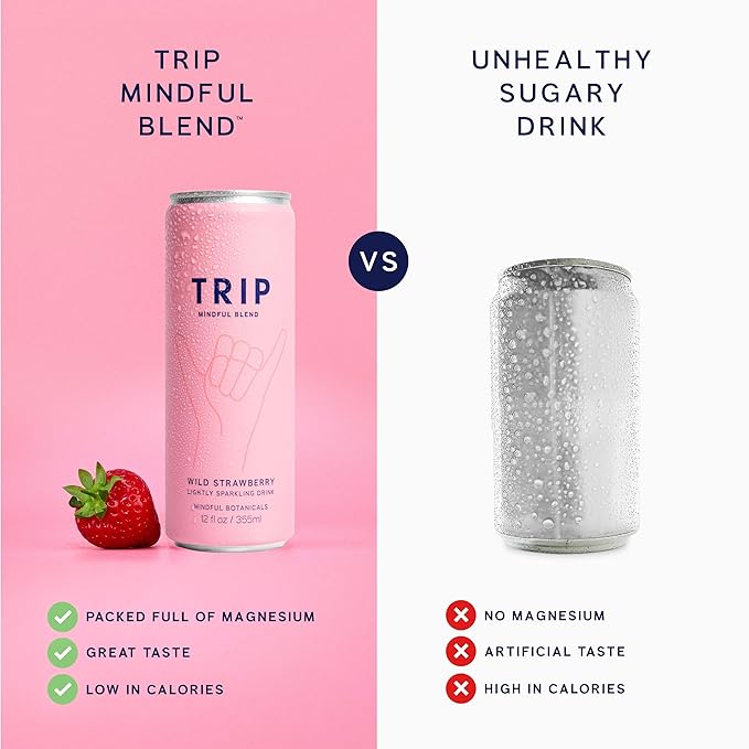 TRIP Lightly Sparkling Adaptogen Drink Non Alcoholic Drink with Magnesium Ashwagandha Lions Mane &amp L Theanine No Added Sugar Mocktail Vegan Wild Strawberry 12 Oz 12Pk