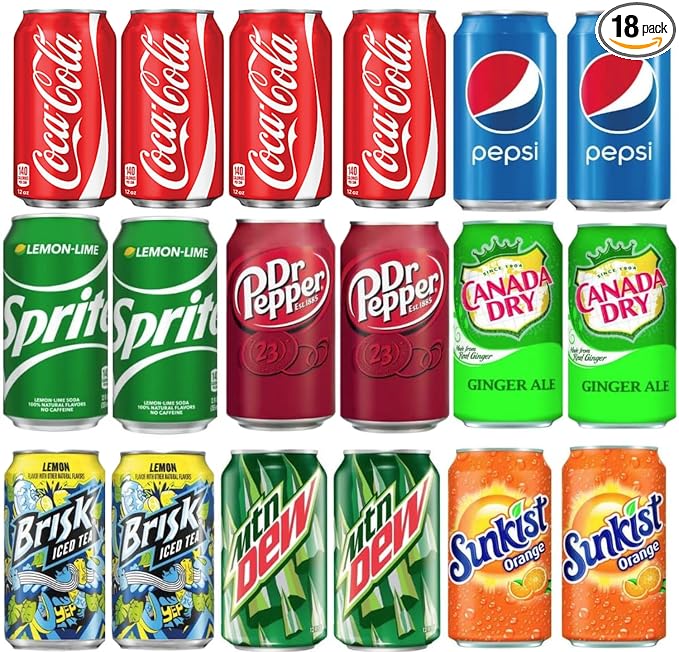 Soft Drink Assortment Variety: Cola Pepsi Sprite Mountain Dew Dr. Pepper Brisk Iced Tea Canada Dry Ginger Ale Sunkist - 12 Fl Oz cans (18 Pack) Soda Pop Restock Kit