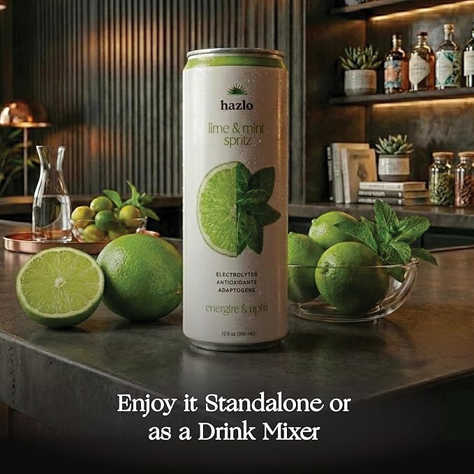 Hazlo Spritz (Lime &amp Mint) - Zero Proof Spritz Cocktail Mixer Craft Mocktails with Adaptogens Nootropics - Functional Seltzer Calming Non Alcoholic Drinks Alcohol Alternatives for Mood 12 Cou