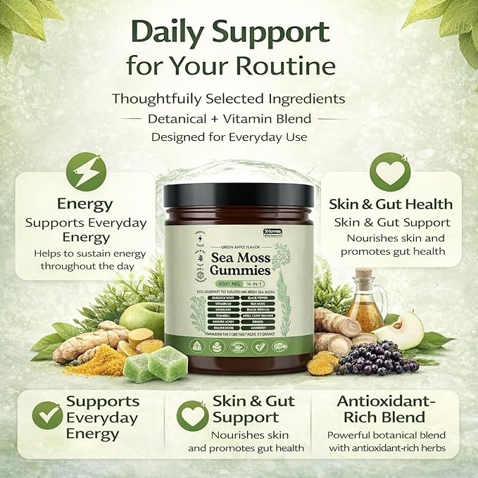 Sea Moss Gummies 16-in-1 Sea Moss Blend with Black Seed Oil-Green Apple Flavor(1 Bottle)