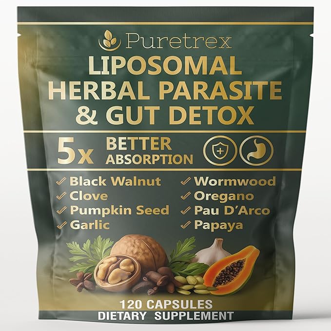 Liposomal Herbal Parasite &amp Gut Detox 120 Capsules 5X Better Absorption with Black Walnut Wormwood Clove Pumpkin Seed Garlic Oregano PAU D'Arco Papaya