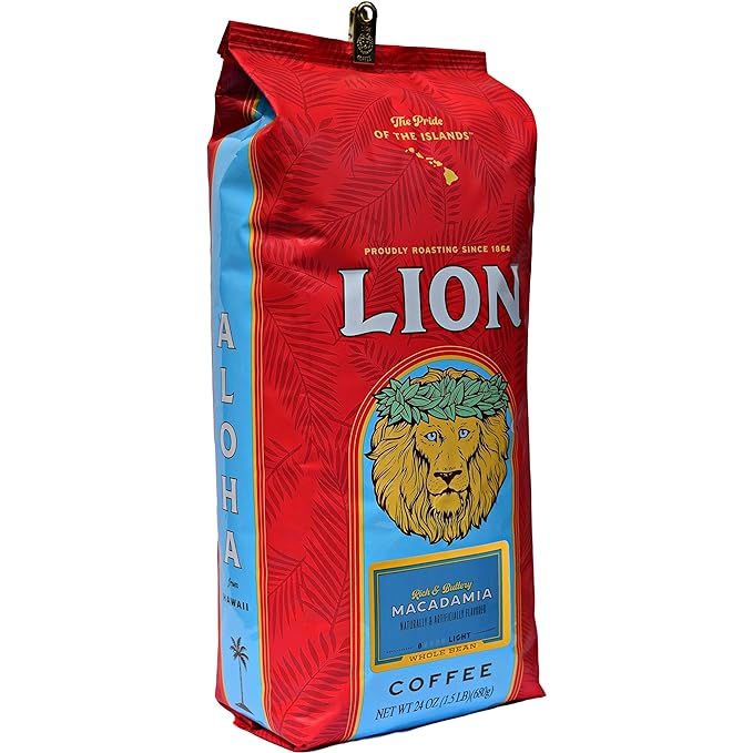 Lion Coffee Macadamia Flavor Light Roast - Whole Bean Coffee 24 Ounce Bag