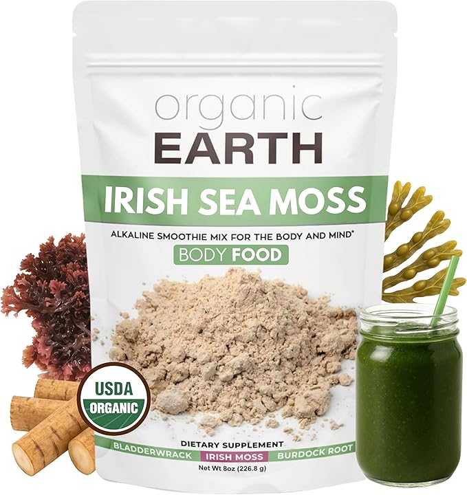 Organic Earth Irish Sea Moss Powder 8oz - Wildcrafted Sea Moss Organic with Bladderwrack &amp Burdock Root Powder - Thyroid Digestion Support &amp Healthy Skin - USDA Certified Organic