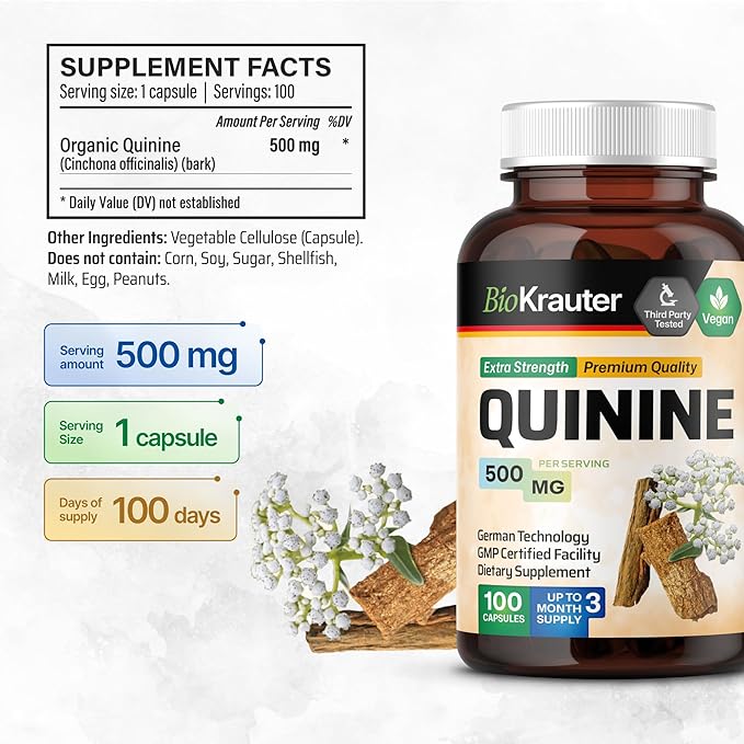 BIO KRAUTER Quinine for Leg Cramps Capsules 500 mg - 100 Count - Cinchona Bark Powder - Quinine Capsules - Vegan No Fillers