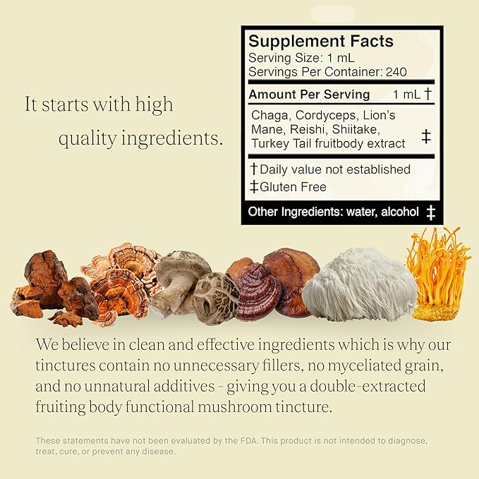 Blend No.1-6 Mushroom Blend Tincture Reishi Chaga Lions Mane Turkey Tail Cordyceps &amp Shiitake Natural Support Immunity Booster Increase Energy &amp Cognitive Function (240 Servings)