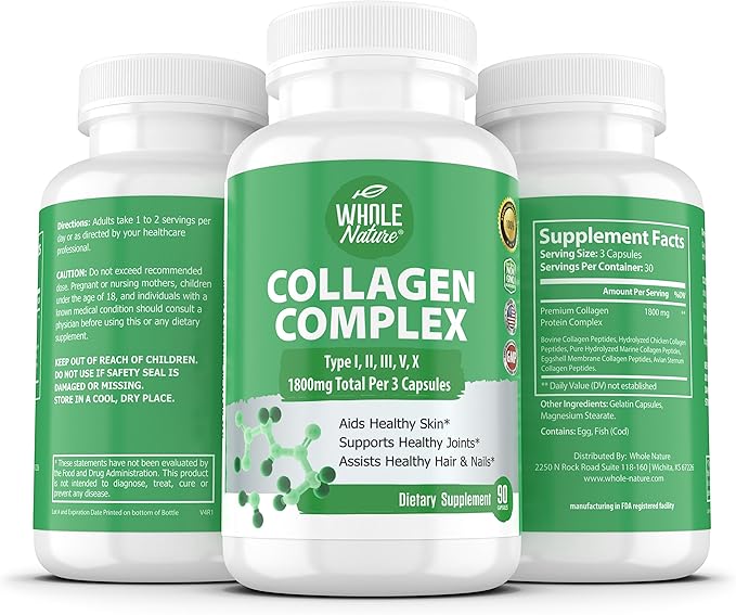 Multi Collagen Protein Peptides Supplement Capsules - 1800mg Collagen Complex Types I II III V X - Joint Support Healthy Hair Skin Nails Beauty Vitamins 100% Natural Non-GMO 270ct (3)