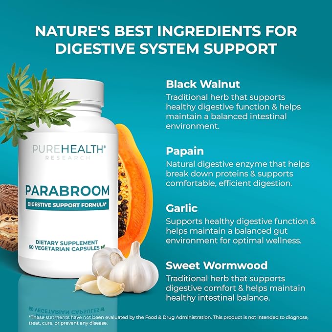 PUREHEALTH RESEARCH Parabroom - Gut Cleanse &amp Health Supplement - with Black Walnut Sweet Wormwood Powder Turmeric Extract Olive Leaf Garlic &amp Onion - Digestive Support for Women &amp Men