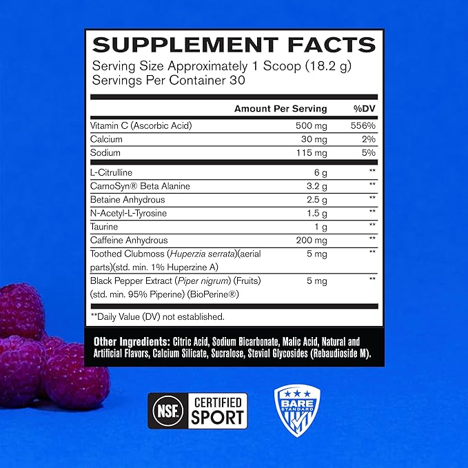 Bare Performance Nutrition BPN Flight Pre Workout Supports Energy and Mental Focus Improved Endurance &amp Muscle Pumps with CarnoSyn® Beta Alanine Blue Raspberry 30 Servings