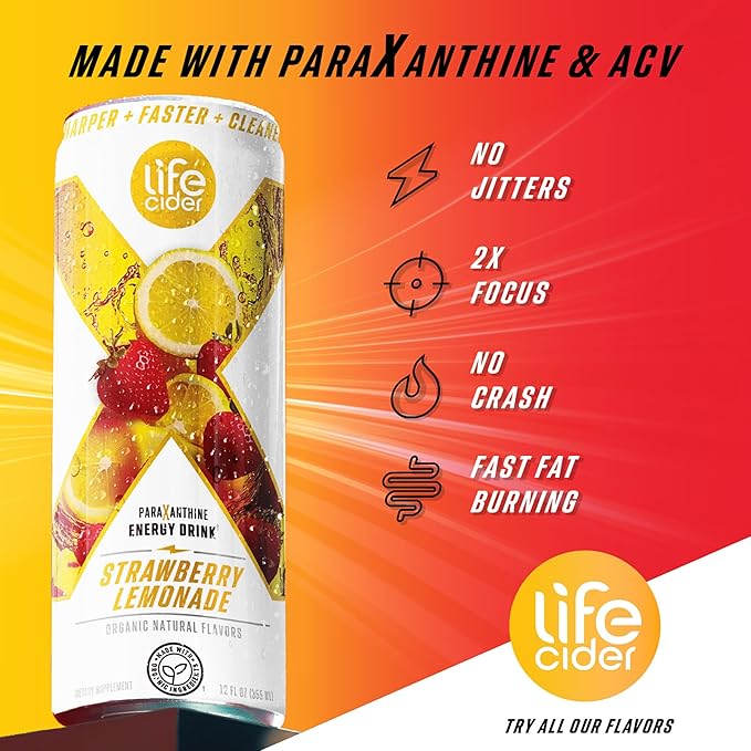 Life Cider X Strawberry Lemonade Apple Cider Vinegar Healthy Energy Drink 12 Pack Organic Energy Drink Made with ACV and Paraxanthine Natural Flavors No Jitters No Crash