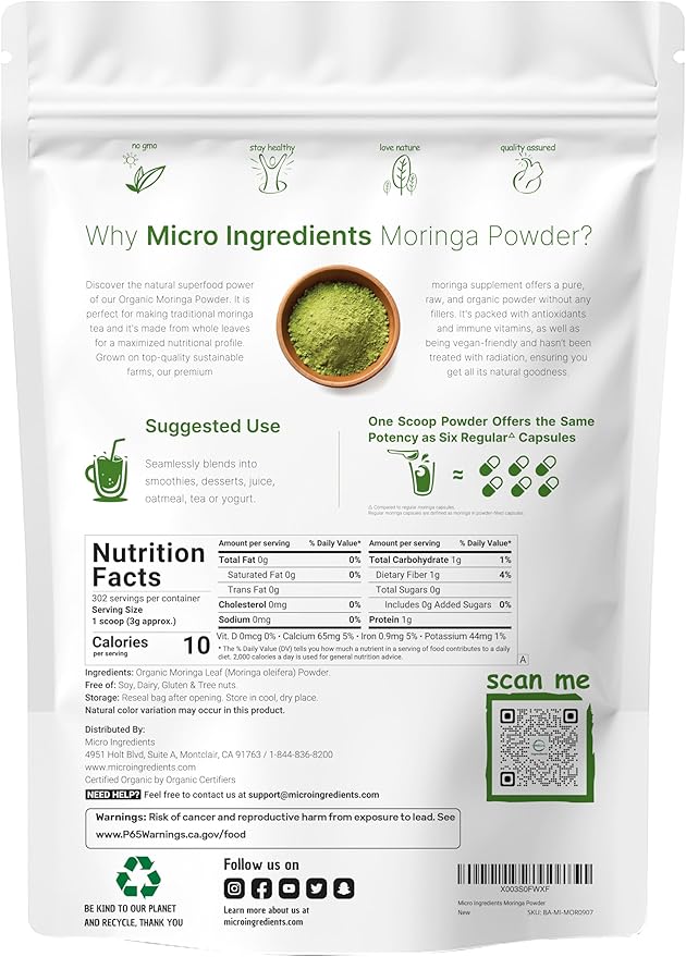 Micro Ingredients Organic Moringa Oleifera Leaf Powder 2 Pound | Rich in Antioxidants &amp Immune Vitamins | Pure Leaves Without Stems | Great Superfoods for Tea or Drink | India Grown Vegan