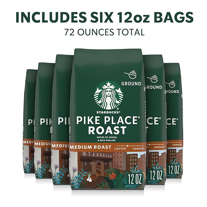 Starbucks Ground Coffee Medium Roast Hot or Iced Coffee Pike Place Roast Six 12 oz Bags
