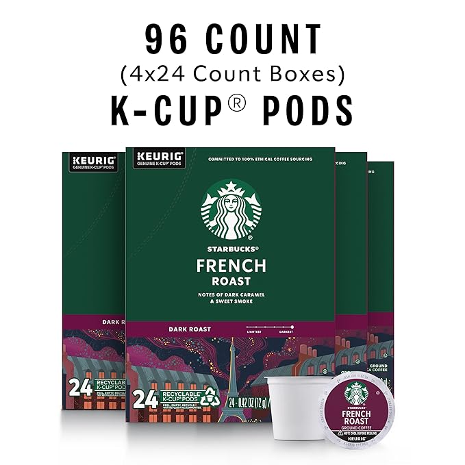Starbucks K-Cup Coffee Pods Dark Roast Hot or Iced Coffee French Roast 96 Keurig Pods