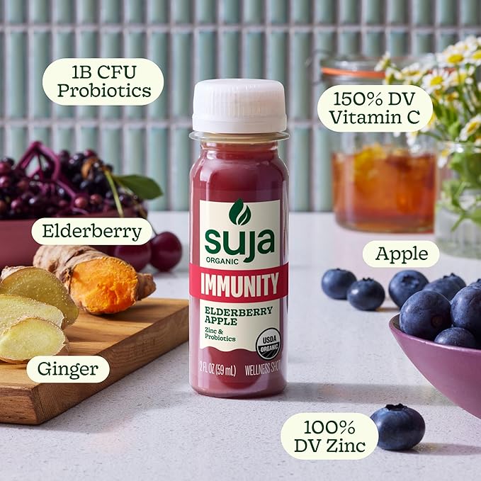 Suja Organic Immunity Elderberry Shot (60 Pack) with Turmeric and Ginger | Immunity Boost &amp Support | Functional Shots | Cold-Pressed Juice with Live Probiotics | Plant-Based &amp Gluten-Free