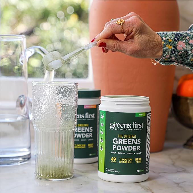 Greens First Original Greens Powder - 49 Superfoods - Organic Fruits &amp Veggies - Prebiotics Probiotics &amp Digestive Enzymes - Antioxidant Smoothie - Dairy Free Vegan &amp Non-GMO (Mint 60 S